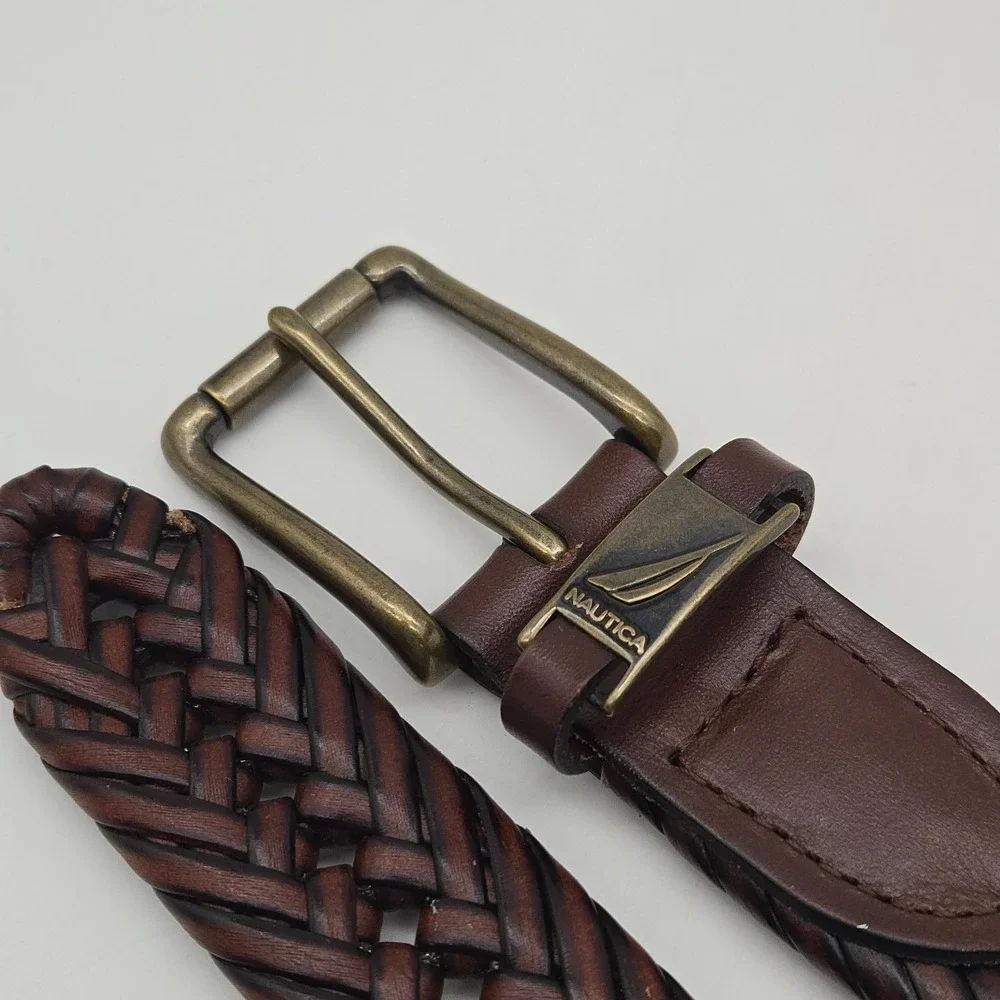 Nautica Braided Belt Brown Leather Mens 34 Bronze Buckle New